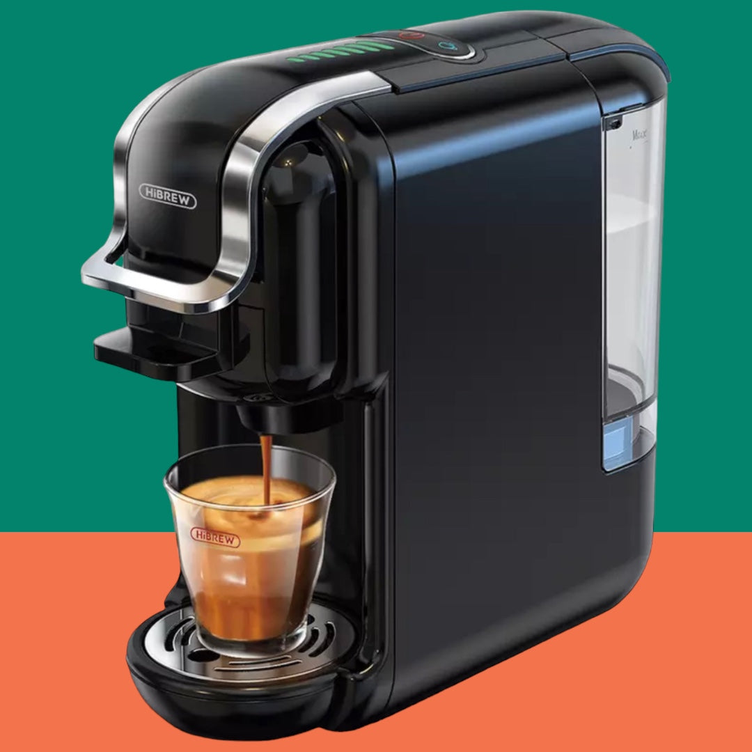 ماكينة قهوة 5 في 1 متوافقة مع كبسولات دولتشي و نيسبريسو و K-cup ومسحوق القهوة Hibrew H2B 
مع صانعة رغوة الحليب (اختياري) - ضمان ٢٤ شهر