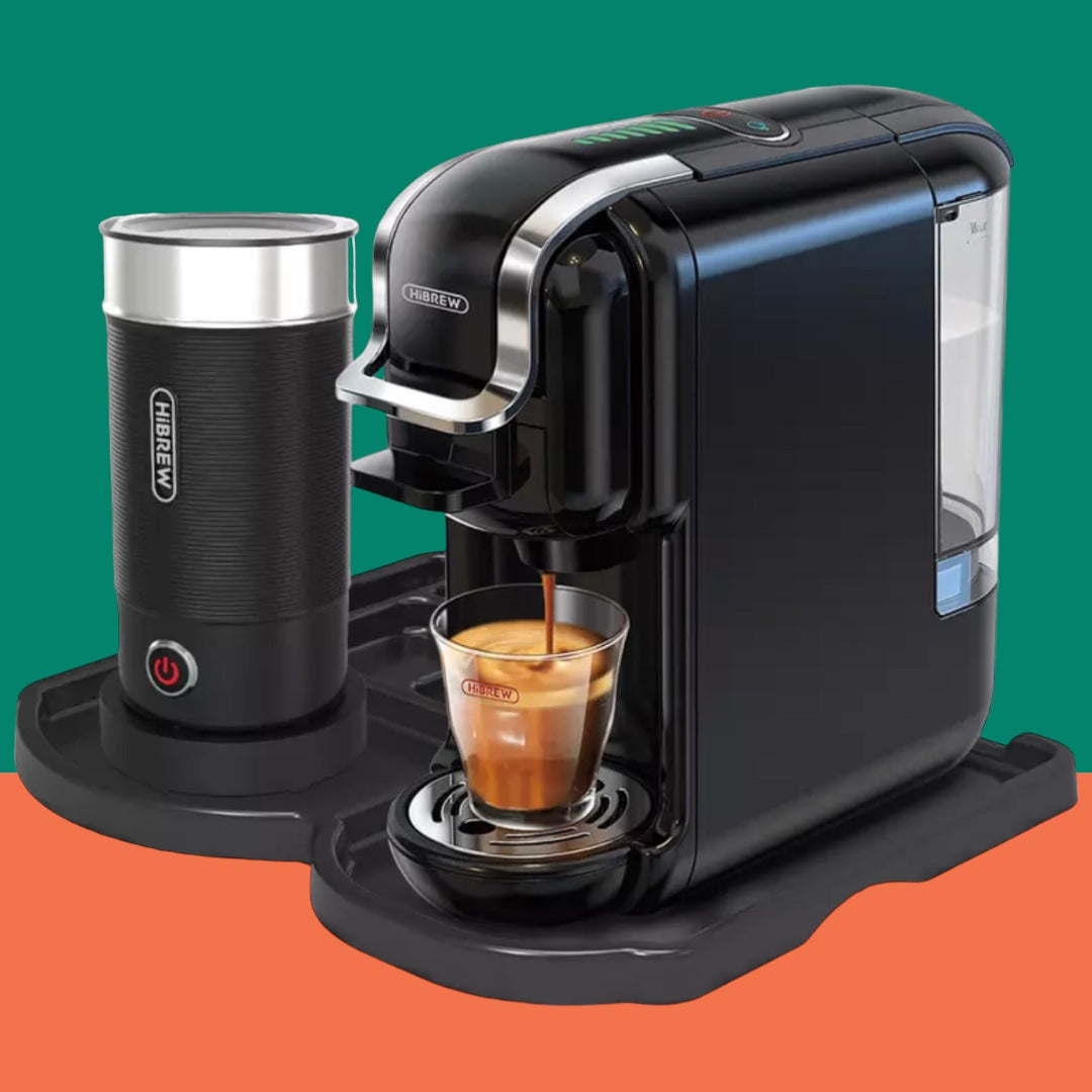 ماكينة قهوة 5 في 1 متوافقة مع كبسولات دولتشي و نيسبريسو و K-cup ومسحوق القهوة Hibrew H2B 
مع صانعة رغوة الحليب (اختياري) - ضمان ٢٤ شهر