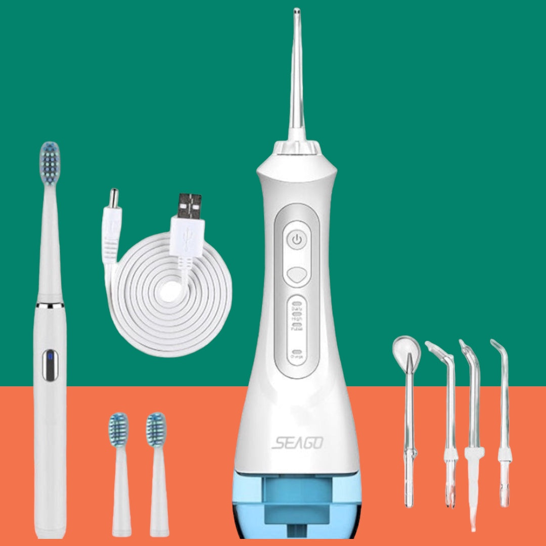 مجموعة العناية بالأسنان- خيط الاسنان المائي وفرشاة الاسنان الكهربائية- لون أسود وأبيض 